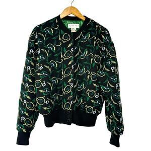Portara Bomber Jacket Womens 12 Gray Green Floral Embroidered Wool Art‎ to Wear